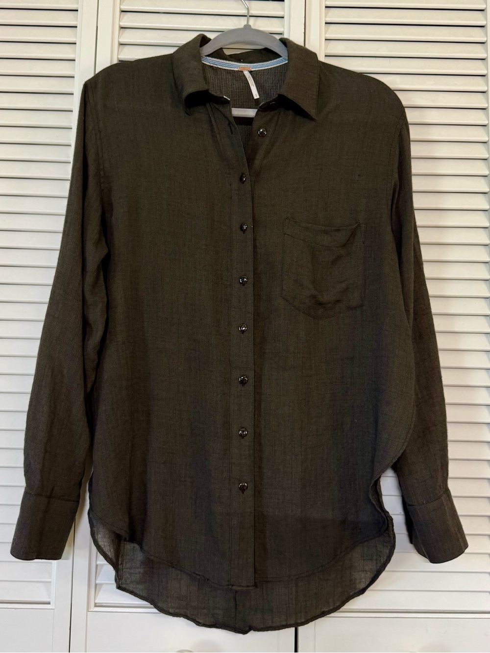 Free People Green Semi Sheer Woven Long Sleeve Button-Up Shirt Point Collar